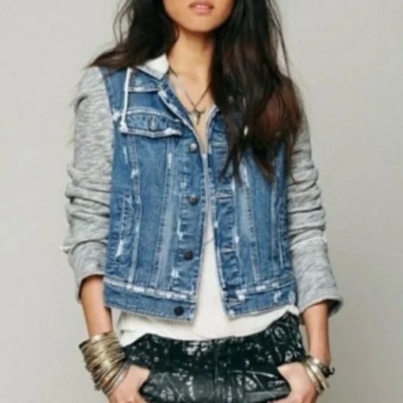 Free People Distressed Denim Knit Hooded Jacket